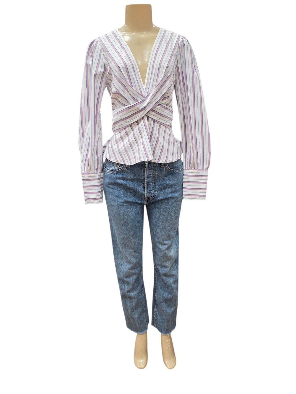 Veronica Beard Striped V-Neck Crossover Tie Waist Long Sleeve Blouse Top